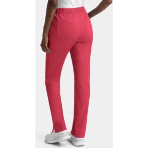 A pair of women's cargo pants in bright pink with an elastic waistband and two back pockets, featuring a logo.