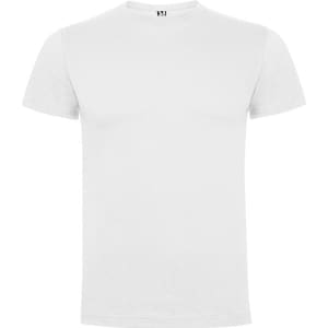 A plain white t-shirt with a standard crew neck and short sleeves, featuring a logo on the label.