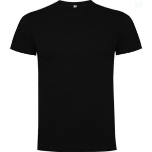 A black premium t-shirt with a round neckline and short sleeves, featuring a logo on the collar.