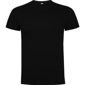 A black t-shirt with a round neckline and short sleeves, featuring a logo on the tag.