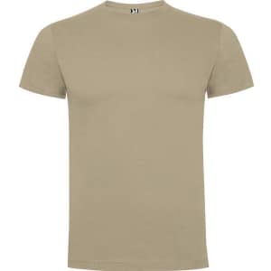 A light brown premium t-shirt with a crew neck and short sleeves, featuring a logo on the collar.