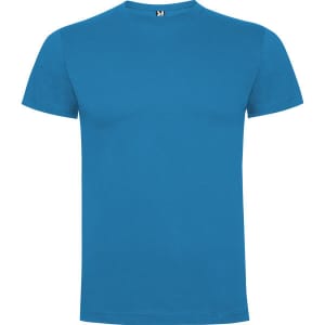 A blue premium T-shirt featuring a crew neckline and short sleeves. It has a logo on the label.