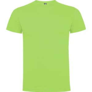 A bright green t-shirt featuring a crew neck and short sleeves, with a branding label at the neck.