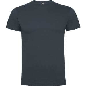 A dark grey premium t-shirt with a round neck and short sleeves, featuring a logo on the neckline.