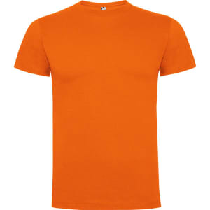 An orange Dogo Premium T-Shirt with a crew neck and short sleeves, featuring a logo on the tag.