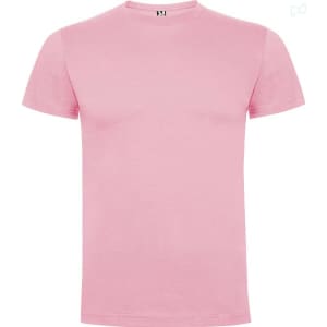 A pink t-shirt with a crew neckline. The shirt has a logo on the neckline.