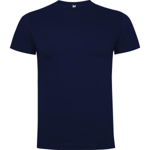 A navy blue t-shirt with a crew neckline and short sleeves, featuring a small logo on the neck.