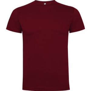 A burgundy premium t-shirt, featuring a classic crew neck and short sleeves, with a logo on the tag.