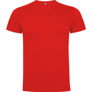 A red Dogo Premium T-Shirt with a round neckline and short sleeves, featuring a logo on the collar.