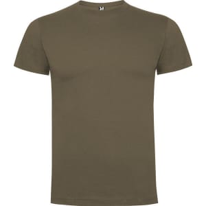 A premium t-shirt in olive green, featuring a simple design and a logo on the label.