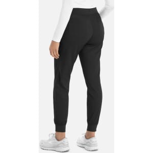 A pair of black women's joggers with a fitted waist and tapered legs, featuring a back pocket.