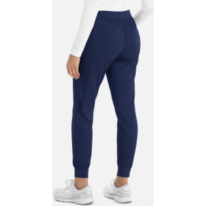 A pair of navy joggers designed for women, featuring a comfortable waistband and tapered ankle cuffs.