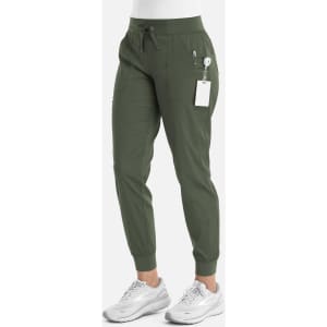 A pair of women's jogger pants in olive green, featuring a drawstring waist and pockets.
