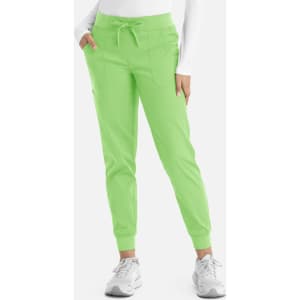 A pair of bright green women's joggers with pockets and a drawstring waistband. The joggers have fitted cuffs at the ankles.