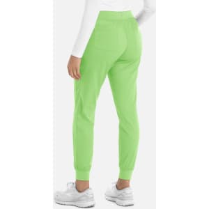 A pair of women's joggers in bright green, featuring a tapered leg and elasticised cuffs, viewed from the back.