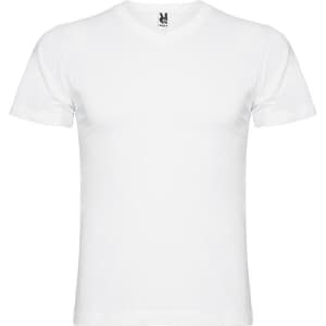 A white short-sleeved T-shirt featuring a logo on the neck.