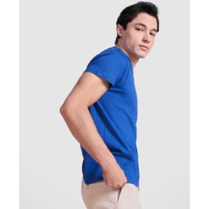 A blue Samoyedo T-shirt on a model, featuring a fitted style and a simple design.