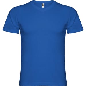 A blue t-shirt with a v-neck design. The shirt features a label at the neckline and has a solid colour.