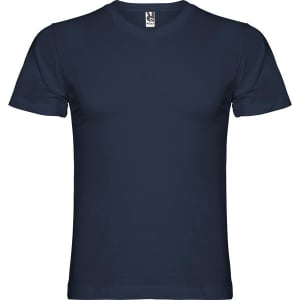 A navy blue T-shirt with short sleeves and a round neckline, featuring a logo on the tag.
