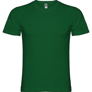A green T-shirt featuring a round neckline and short sleeves. It has a branding label at the collar.