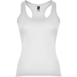 A white tank top with a scoop neck and racerback design. It features a logo on the interior label.