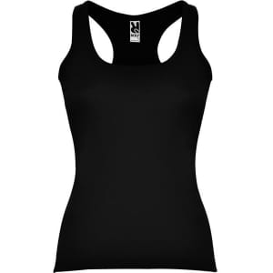 A black tank top with a scoop neckline and wide straps, featuring a logo on the label.