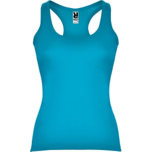 A bright turquoise Carolina tank top with a scoop neckline and racerback design. It features a logo.