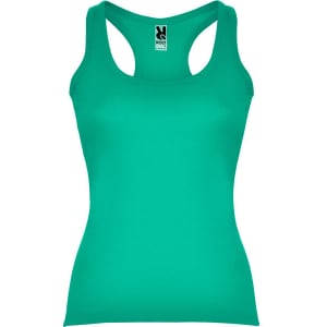 A mint green tank top with a racerback design and a logo at the neckline.