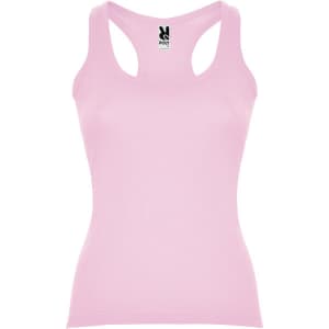 A pink Carolina tank top with a racerback design and a logo at the neckline.