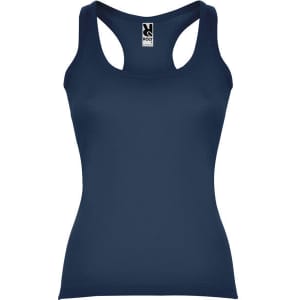 A navy blue tank top with a scoop neckline and a fitted design, featuring a logo at the neckline.