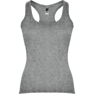 A grey tank top featuring a fitted design and a branding logo on the neckline.