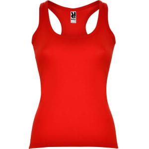 A red tank top with a fitted design and a logo on the label.