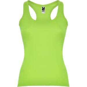 A vibrant green singlet tank top with a scoop neckline and a logo at the centre.
