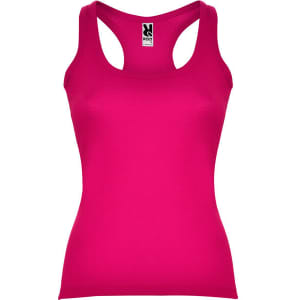 A pink tank top with a scoop neck and wide straps, featuring a logo at the neckline.