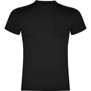 A black T-shirt featuring a small pocket, with a plain design and no visible logos or branding.