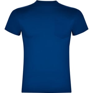 A navy blue T-shirt featuring a back pocket and a plain design. It has a logo on the label.