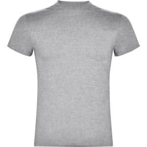 A grey T-shirt featuring a classic crew neck and short sleeves. It has a small pocket on the front.