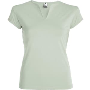 A light green T-shirt with short sleeves and a V-neck design. Features a logo tag on the collar.