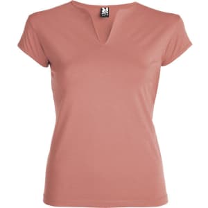 A blush pink T-shirt featuring a V-neck design and short sleeves, with a logo on the label.