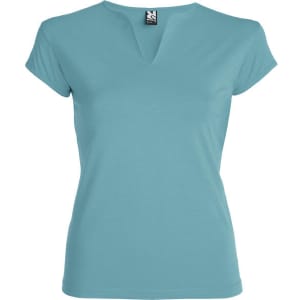 A light blue T-shirt with a V-neck design and short sleeves. It features a label or logo.