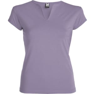 A lilac Belice T-Shirt with a V-neck design and short sleeves, featuring a tag with branding.