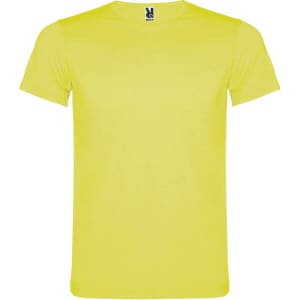 A bright yellow t-shirt with a round neck and short sleeves, featuring a logo on the collar.