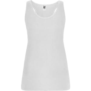 A white tank top with a fitted design and a logo at the neckline. The product is styled as a singlet.