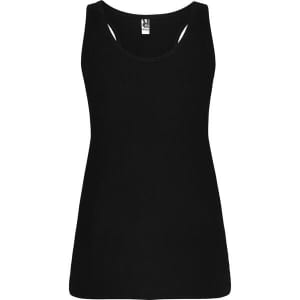 A black tank top with a scoop neckline and a logo at the top. The fabric appears soft and slightly stretchy.