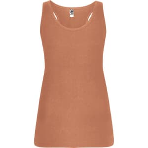 A rust-coloured tank top with a fitted design and a label inside. It features a logo on the label.