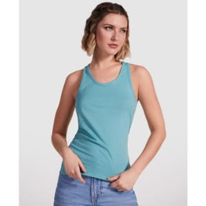 A turquoise tank top featuring a fitted design, displayed on a model with light hair. It has a logo on it.