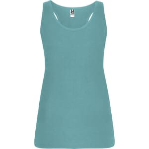 A teal tank top with a scoop neckline and a fitted design. It features a logo at the neck.