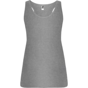 A grey tank top featuring slim straps and a relaxed fit. Includes a logo on the neckline.