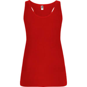 A red tank top with a fitted design and thin shoulder straps, featuring a logo.