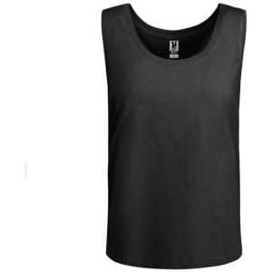 A black tank top with a classic cut, featuring a logo on the inside label. Ideal for casual wear.